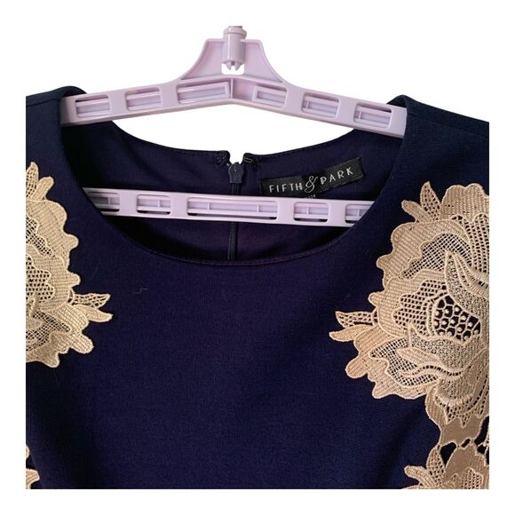 FIFTH & PARK Dress SZ 12 Navy & Beige Gold Floral Lace Sheath Dressy Cocktail - Picture 4 of 12
